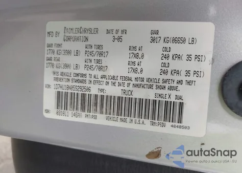 2005 Dodge Ram 1500 St из США, поврежденный, VIN 1D7HU18N05S292506